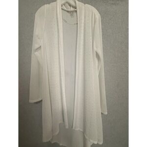 Nygard Cardigan Sweater Womens M White Rhinestone Open Knit Longline Lightweight